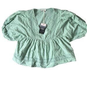 In Bloom Mint Eyelet Vintage Wash Blouse | L